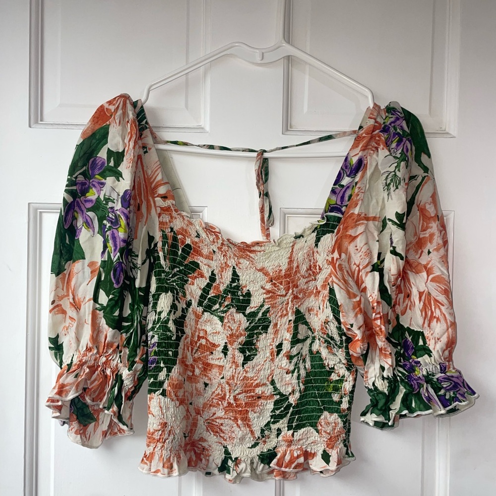 H&M Floral Smocked Blouse - Orange, Green, Purple